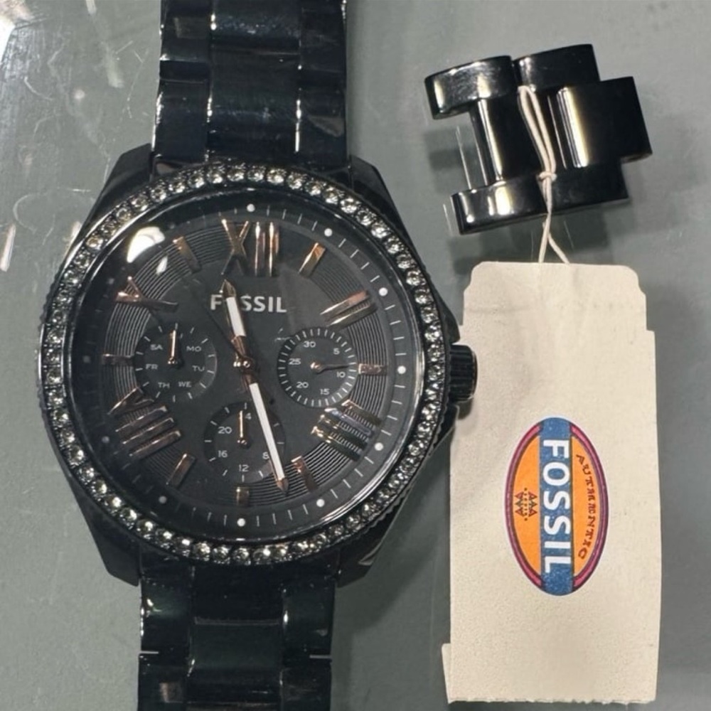 Fossil Cecile Multi Function Crystals Black Dial Black Steel Strap Watch